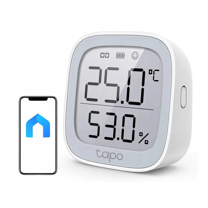Temperatur- og fuktighetssensor Tapo T315, skråvisning med digitalt display og smarttelefon med blå app-logo.