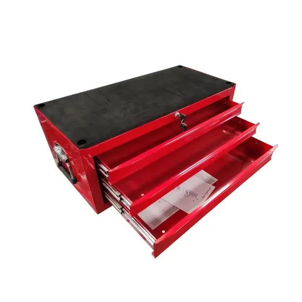 Teng Tools verktøykasse uten utstyr, skrå forfra med åpne skuffer som viser papirer, svart topp og sidehåndtak.