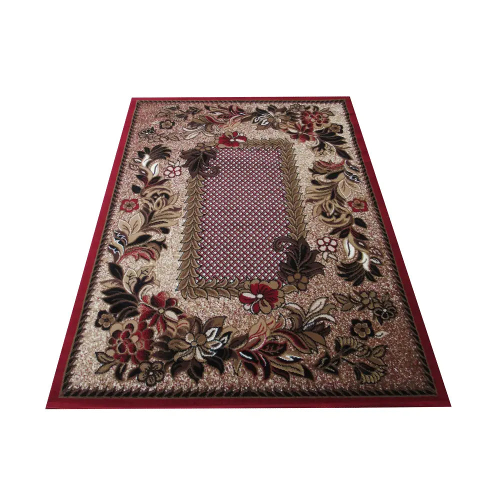 Tepe BCF Alfa-teppe i rødt, sett ovenfra med rød kant og dekorative blomsterdetaljer i beige og vinrødt.