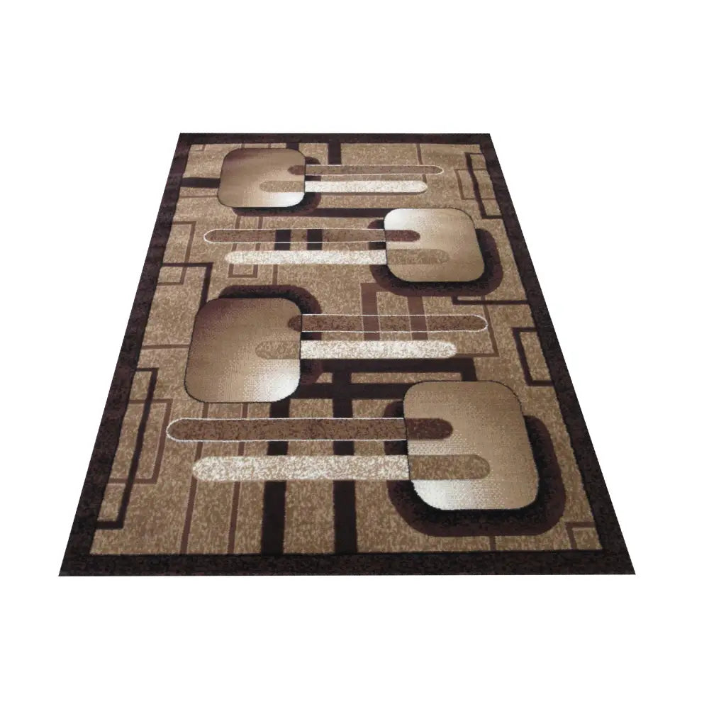 Tepe BCF Alfa 16 teppe i brun og beige, geometrisk mønster med firkanter og linjer, sett fra skrå vinkel.