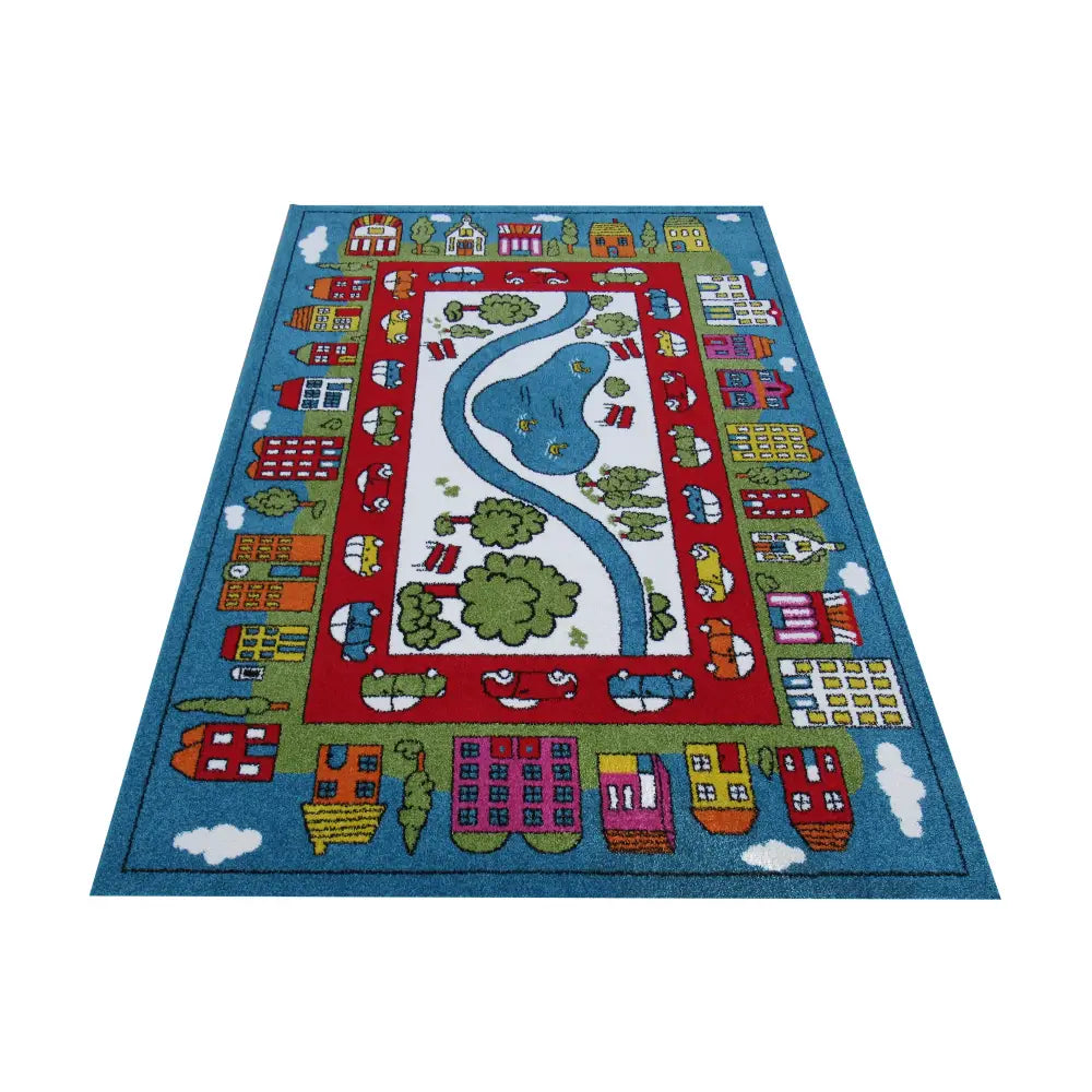 Tepe Bella leketeppe 400 x 500 cm, skråvinklet visning med hus, veier, biler og fargerike detaljer.