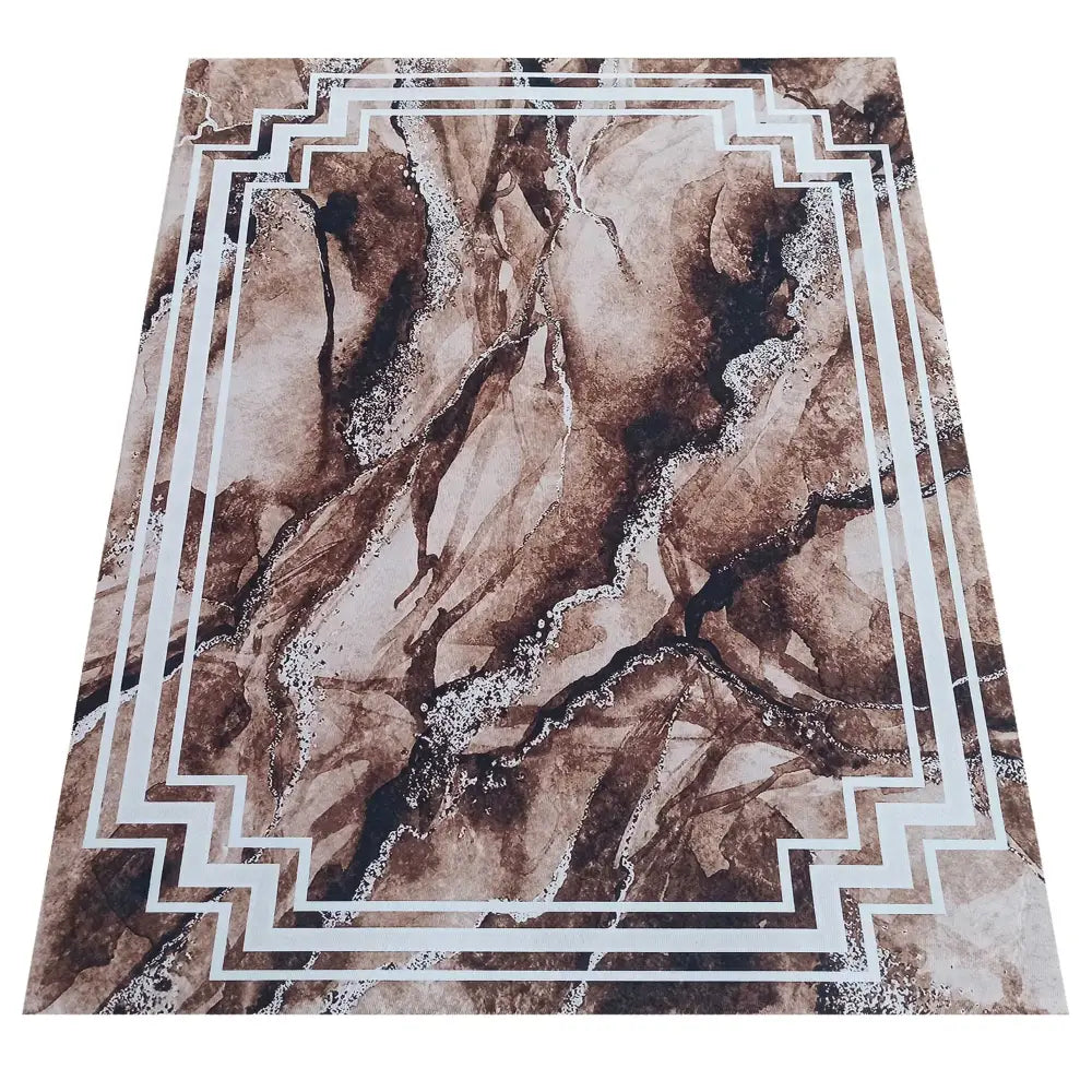 Tepe Deluxe brunt teppe 160 x 220 cm, marmorert brun og beige med hvite trappetrinnrammer, sett ovenfra.