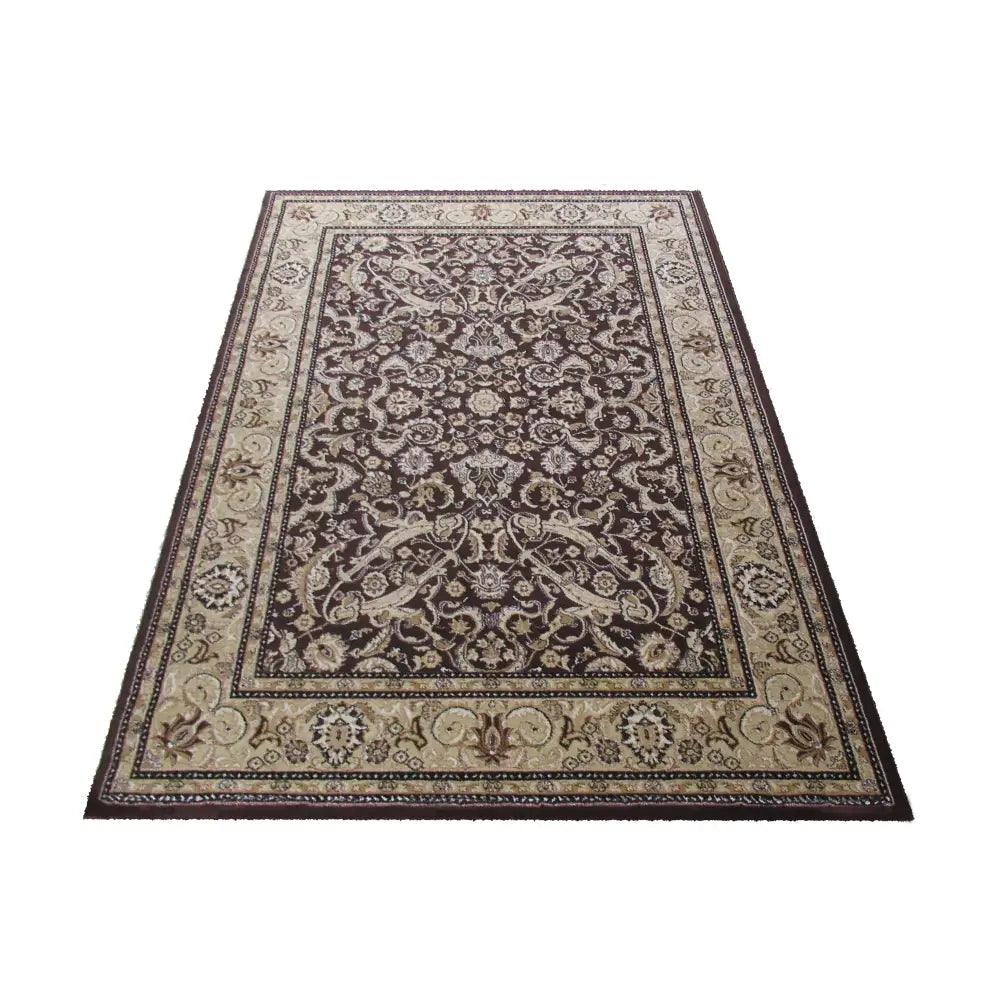 Tepe Eksklusiv teppe 100 x 200 cm, orientalsk mønster i brunt og beige med blomsterdetaljer, skrå oversikt.