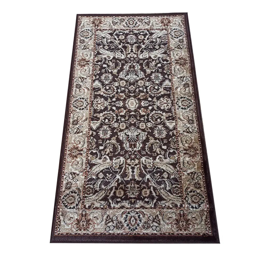 Tepe Eksklusiv brun teppe 80 x 150 cm, sett ovenfra med orientalsk kremfarget og beige mønster.