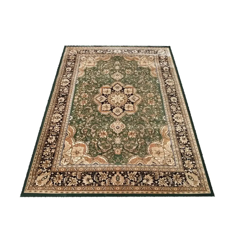 Tepe Eksklusiv 03 grønt teppe 300 x 400 cm, orientalsk mønster med midtrosett og brede border, skrått ovenfra.