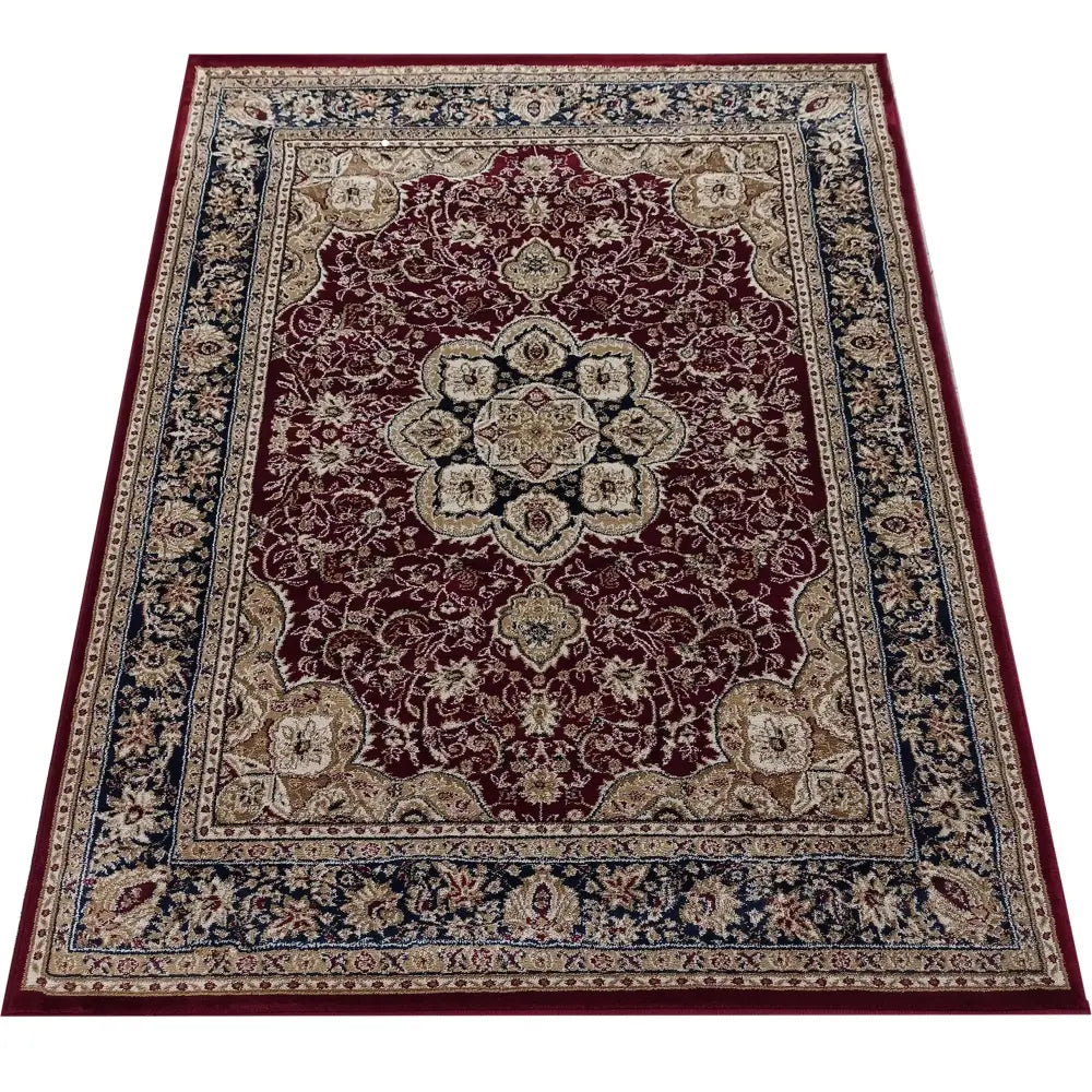 Tepe Eksklusiv 03 N teppe i burgunder, beige og mørk blå, orientalsk mønster sett ovenfra med dekorative border.