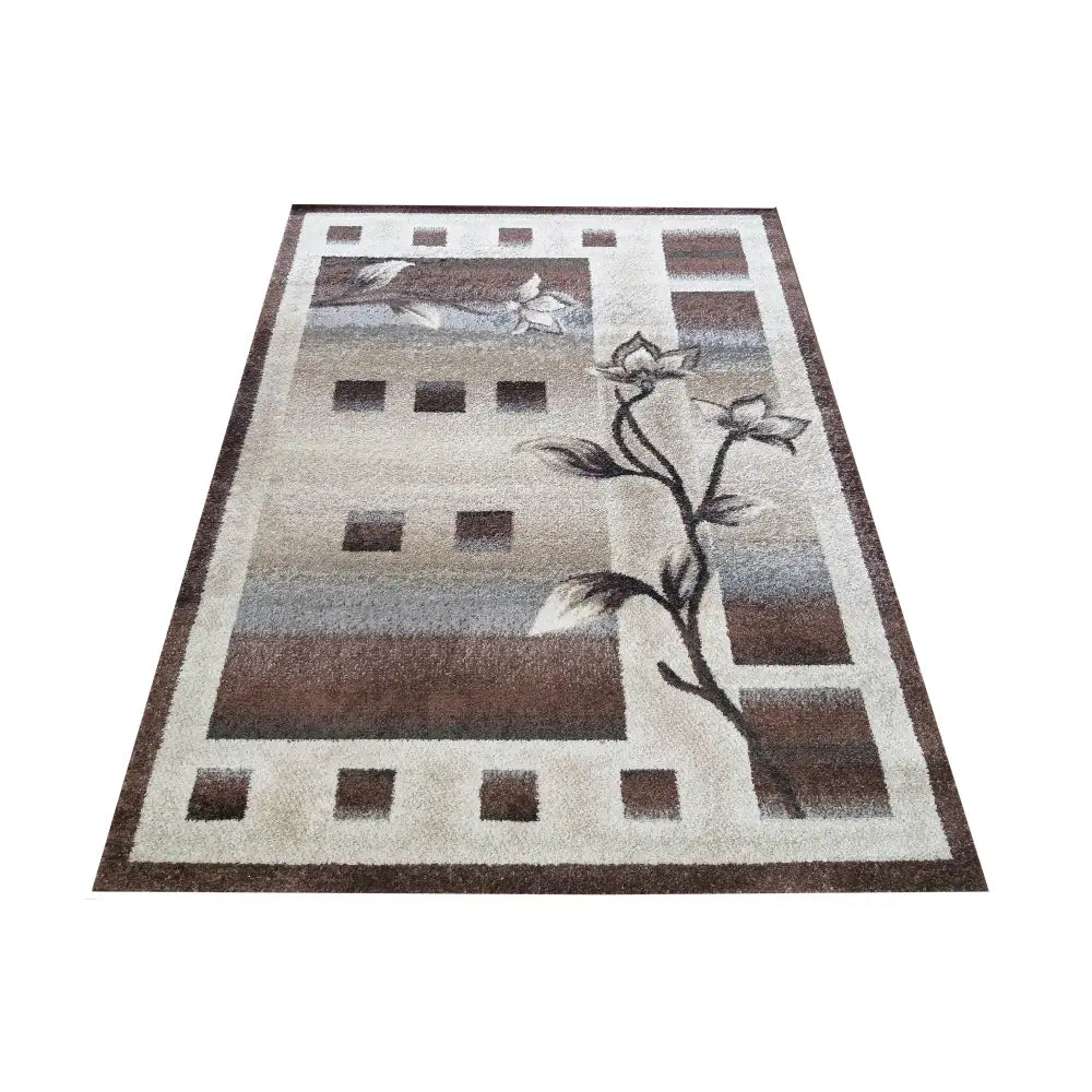 Tepe Luksuriøs Brun Otto-02 teppe, skrå oversikt som fremhever blomster- og rutemønster i brune nyanser.