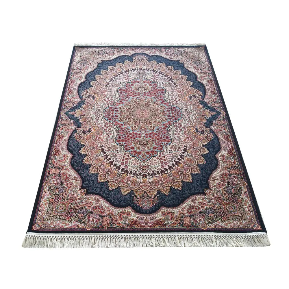 Tepe Luksuriøs Pers 04 Navy, orientalsk teppe 200x300 cm med blått mønster og frynser, sett ovenfra.