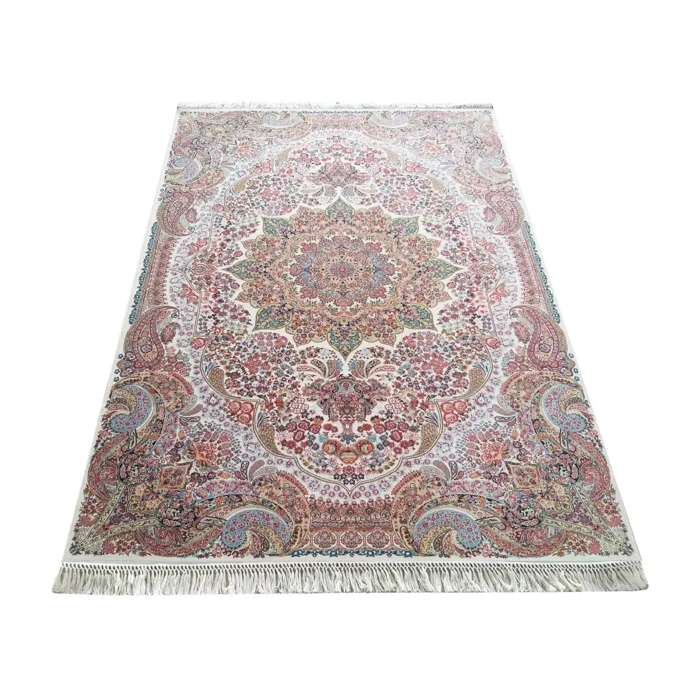 Tepe Luksuriøs Pers 10 kremfarget teppe, orientalsk mønster og frynser, sett ovenfra.