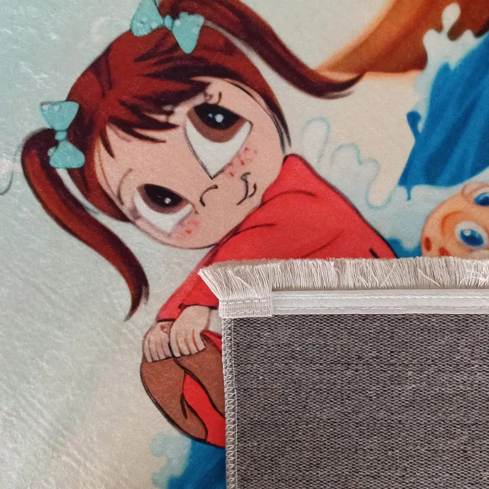 Tepe Bambino teppe, nærbilde av fargerik jenteillustrasjon, synlig hjørne med undersiden og hvite frynser.