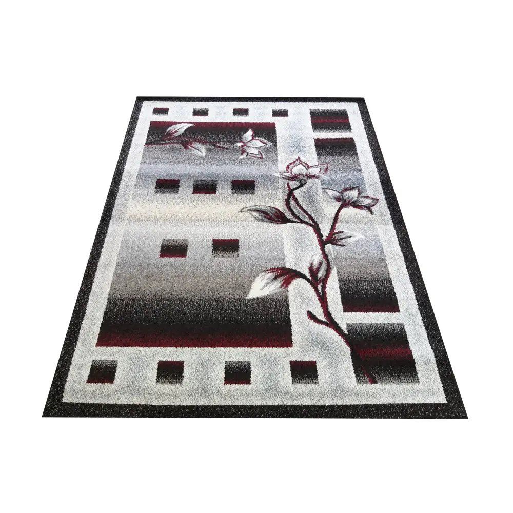 Tepe Otto 02 teppe i grå og rød, skrå oversiktsvisning med blomster- og rutemønster i flere nyanser.