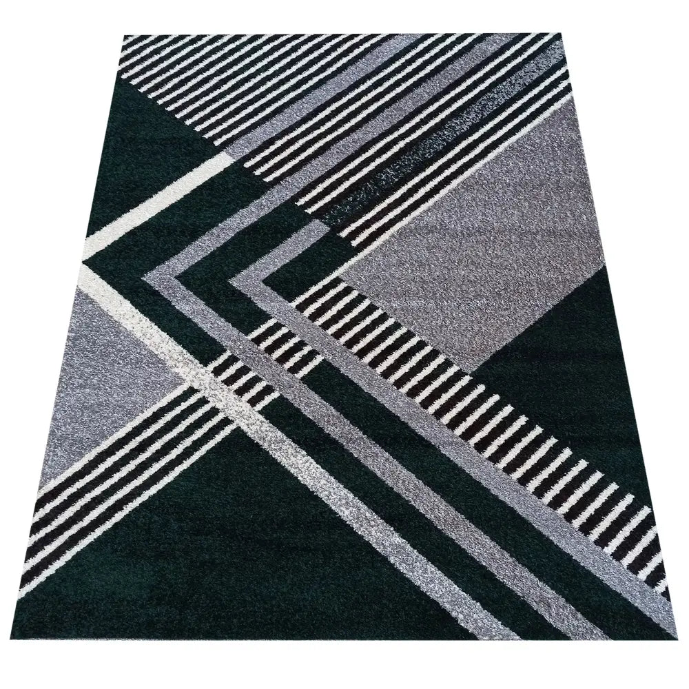 Tepe Otto teppe i grå-grønn, rektangulært med tykk lugg og geometrisk mønster av sjakkruter og striper.