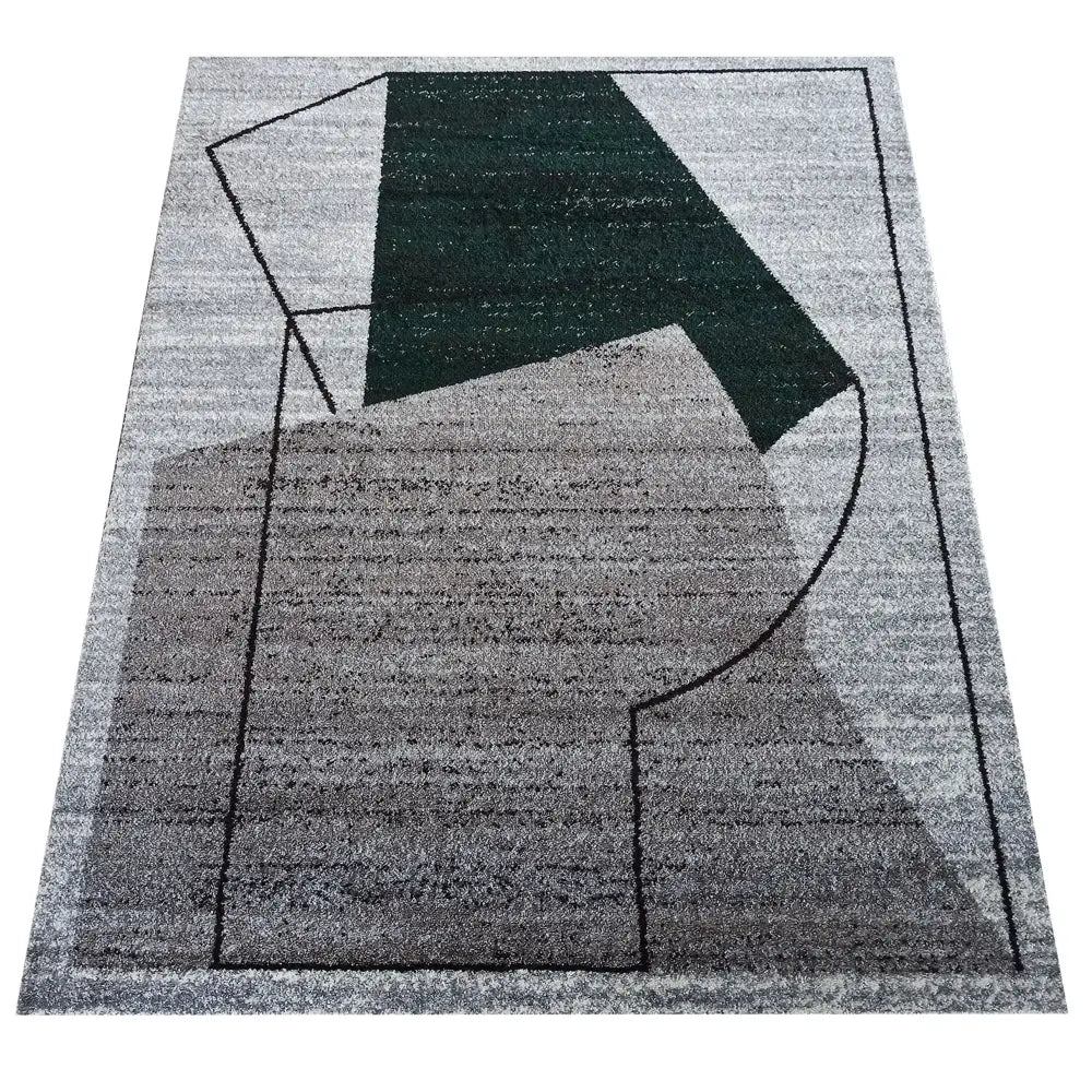 Tepe Otto 06 grågrønt teppe 200 x 290 cm med abstrakt sort, grønt og beige mønster sett ovenfra.