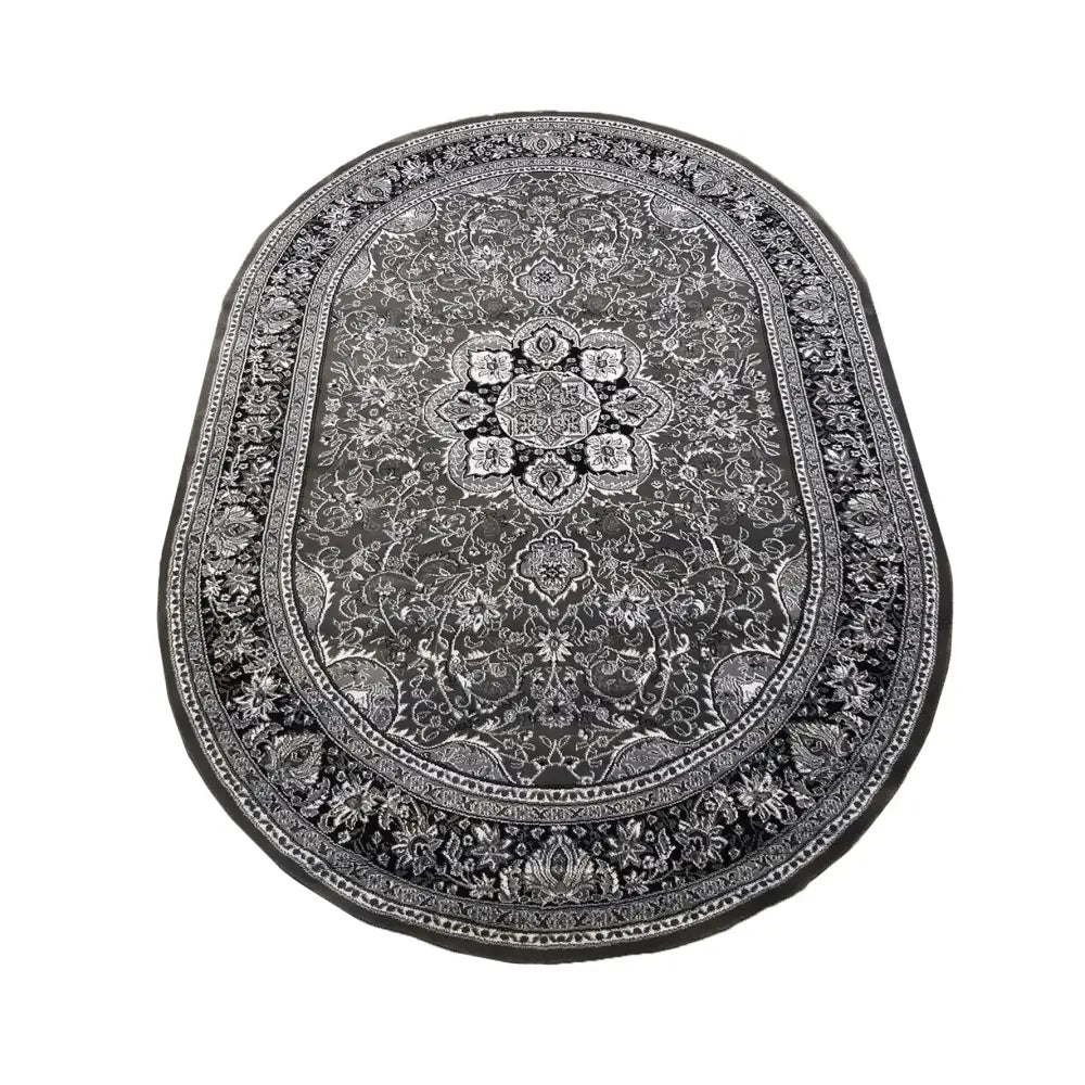 Tepe Oval Eksklusiv 03, ovalt teppe med orientalsk mønster i gråtoner, sett ovenfra mot hvit bakgrunn.
