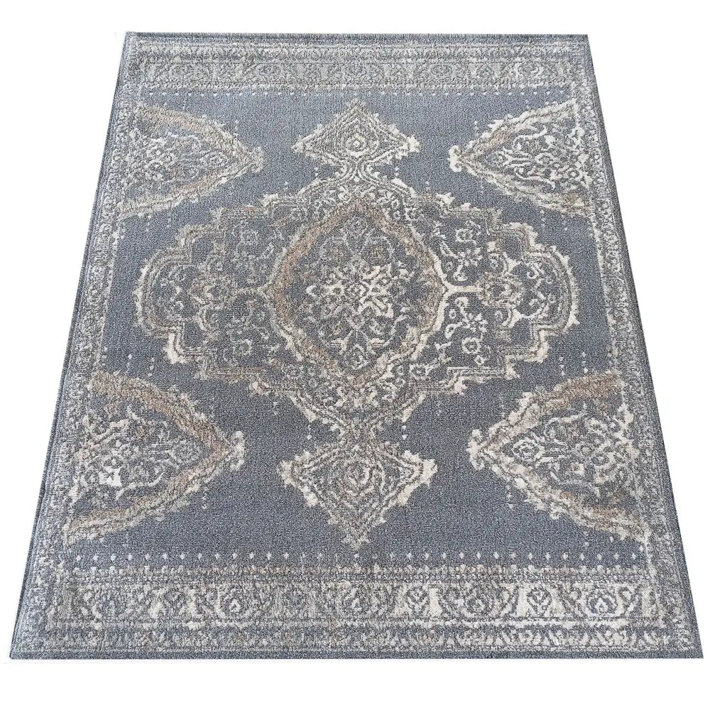 Tepe Roxanne teppe 200 x 290 cm, orientalsk mønster i grå, beige og hvitt, sett rett ovenfra.