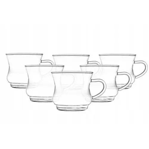 Termisil glasskopper, seks stk. med rund bunn og brede åpninger, sett fra skrå vinkel med synlige håndtak.