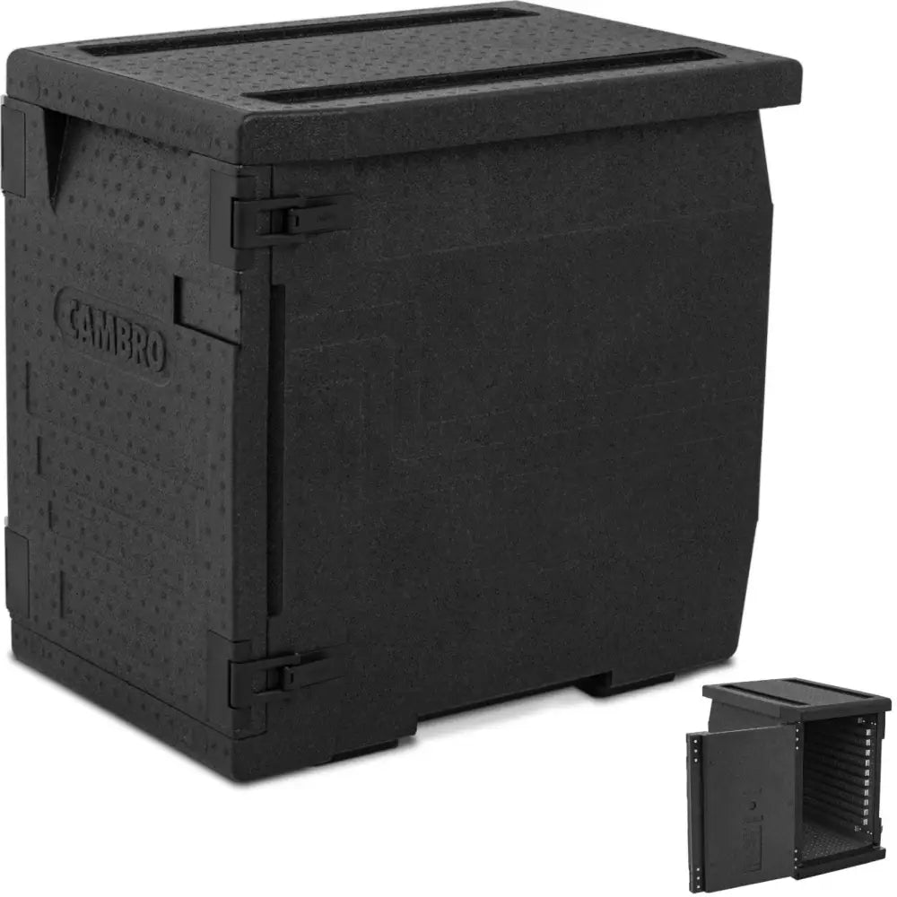 Termisk isolert transportboks i svart plast, skrå frontvisning med hengslet dør og åpen innsats vist i hjørnet.