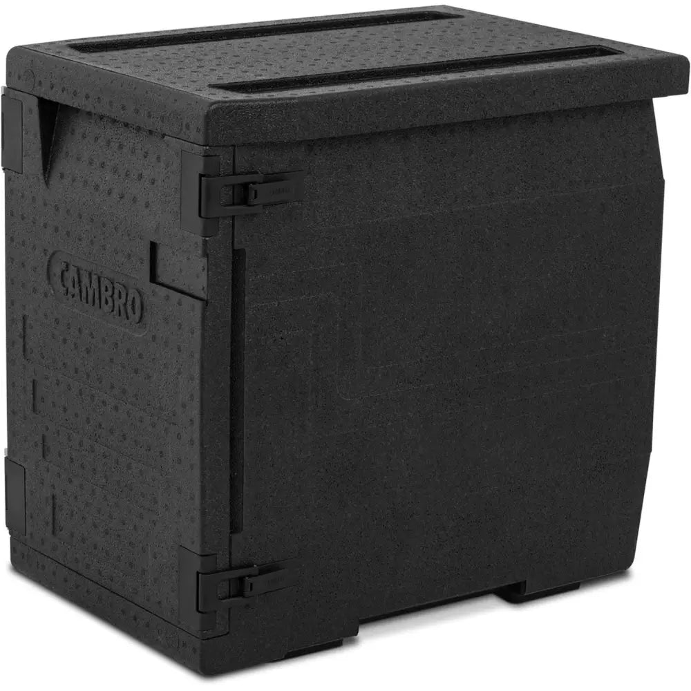 Termisk isolert beholder 4 x GN 1/1, trekvart forfra med hengsler, låsebeslag og strukturert overflate.