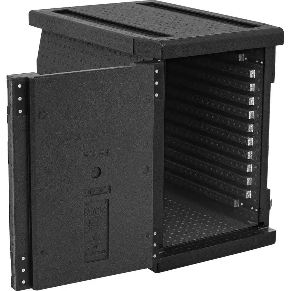 Termisk isolert beholder, skrå frontvisning med åpen dør og synlige innvendige brettspor.