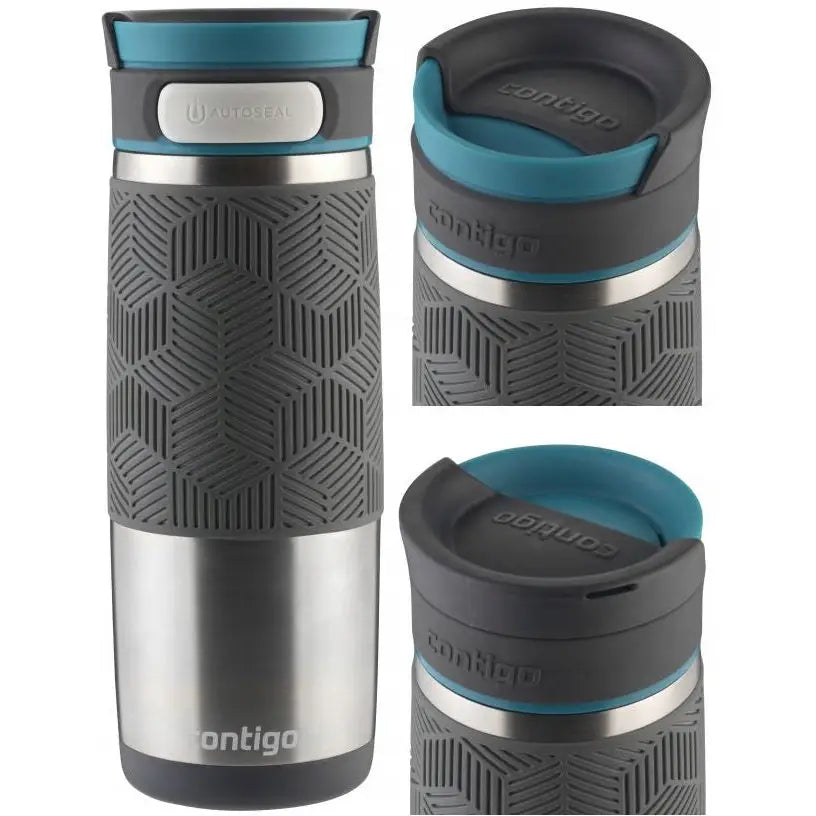 Termisk kopp Contigo Transit 470ml, vist fra siden med fokus på turkis lokk, gummigrep og knapp.