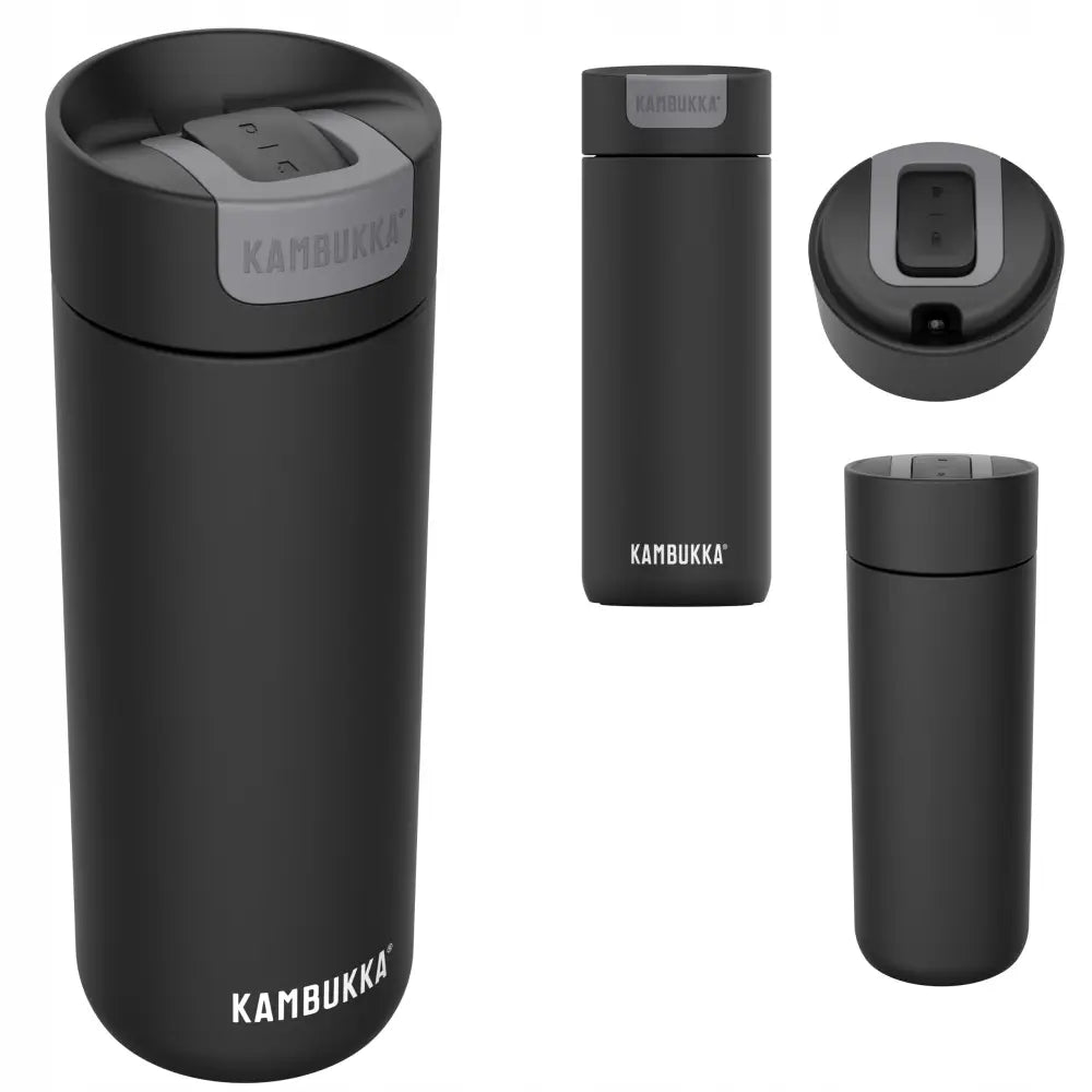 Termisk kopp Kambukka Olympus 500ml, matt sort med grått lokk og synlig trykknapp-mekanisme.