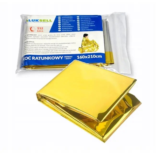 Termisk nødfoliepledd, gullfarget og sammenbrettet, med emballasje og størrelsen 160x210 cm synlig bak.