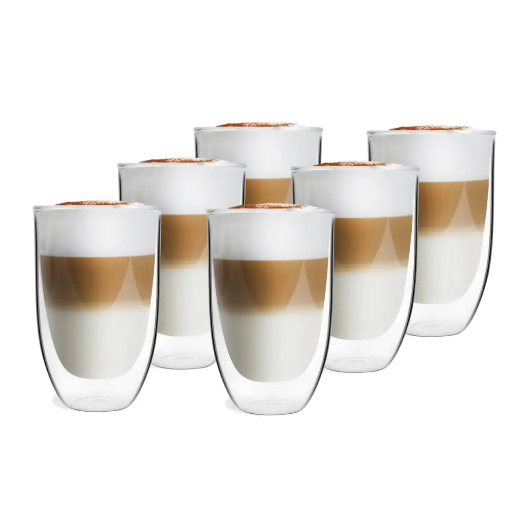 Termiske doble vegger glass Amo, seks glass med kaffe og melk i lag, frontvisning mot hvit bakgrunn.