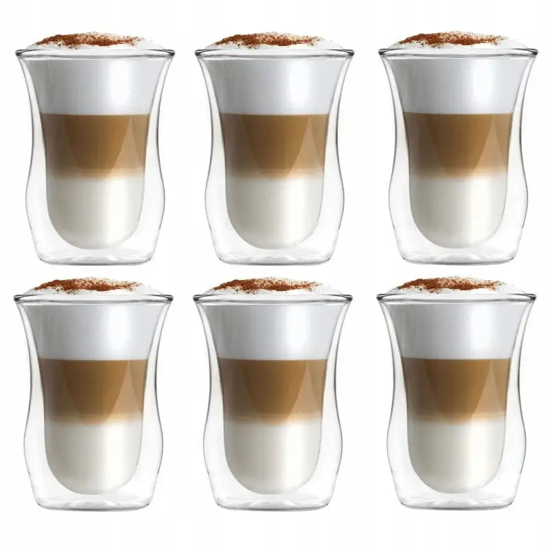 Termiske glass 300 ml Vita, seks doble glass med lagdelt kaffe og melk, toppet med melkeskum og kakao.