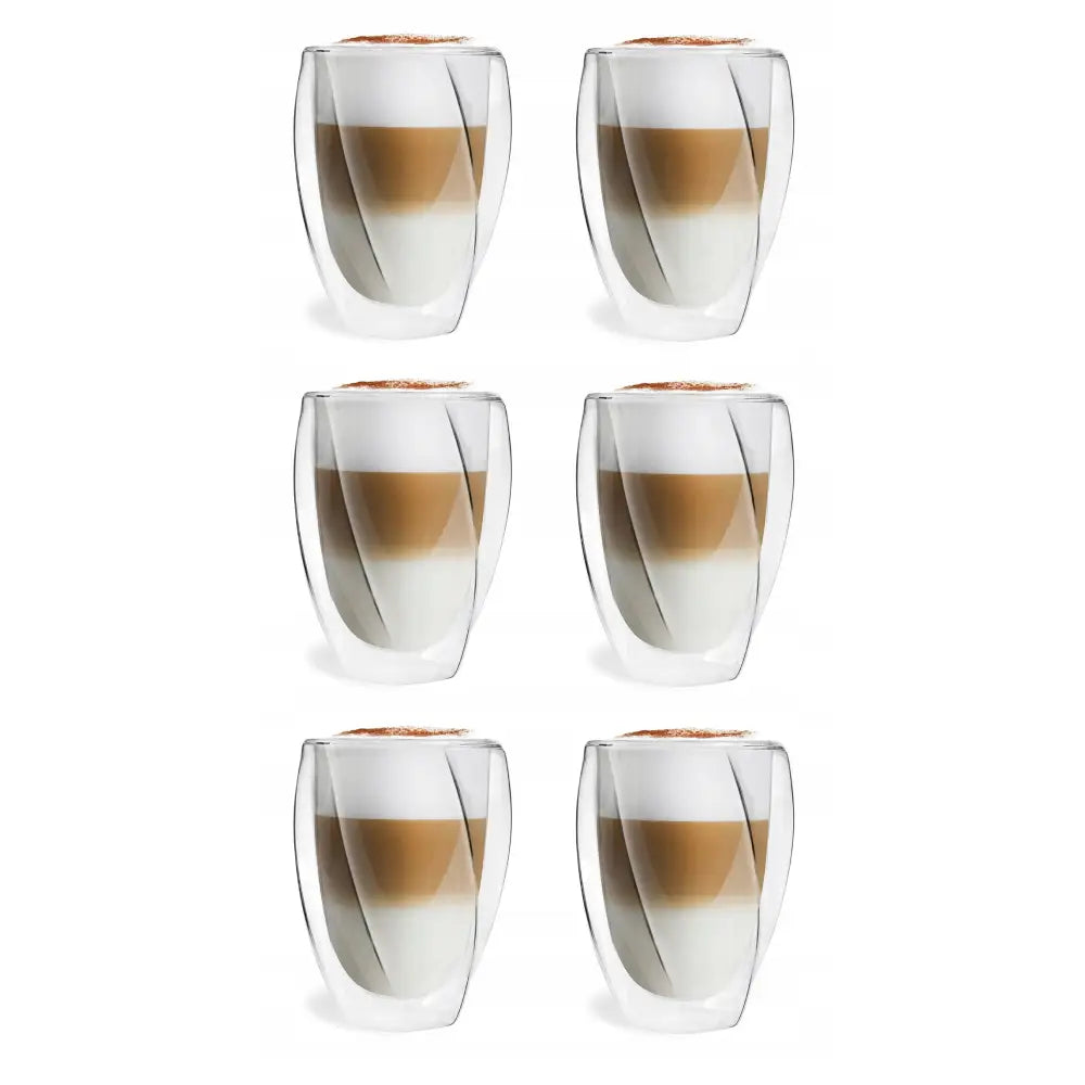 Termiske glass Cristallo 300ml, seks doble glass med lagvis kaffe, isolert vegg og avrundet form på hvit bakgrunn.