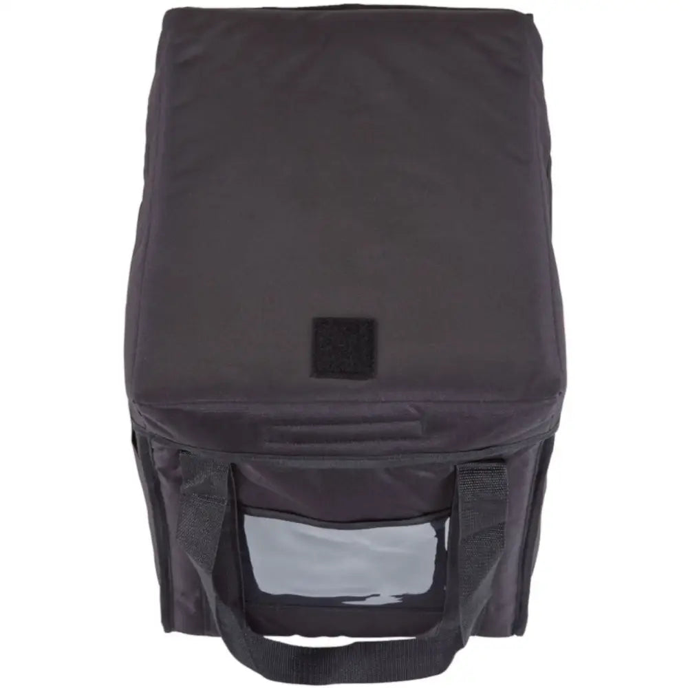 Termo-isolerende leveringstaske 42 l, sett ovenfra med bærehåndtak og frontlomme i gjennomsiktig plast.