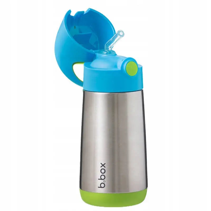 Termoflaske BBox Ocean Breeze 350 ml, sidevisning med blått lokk, grønn knapp og åpent sugerør.