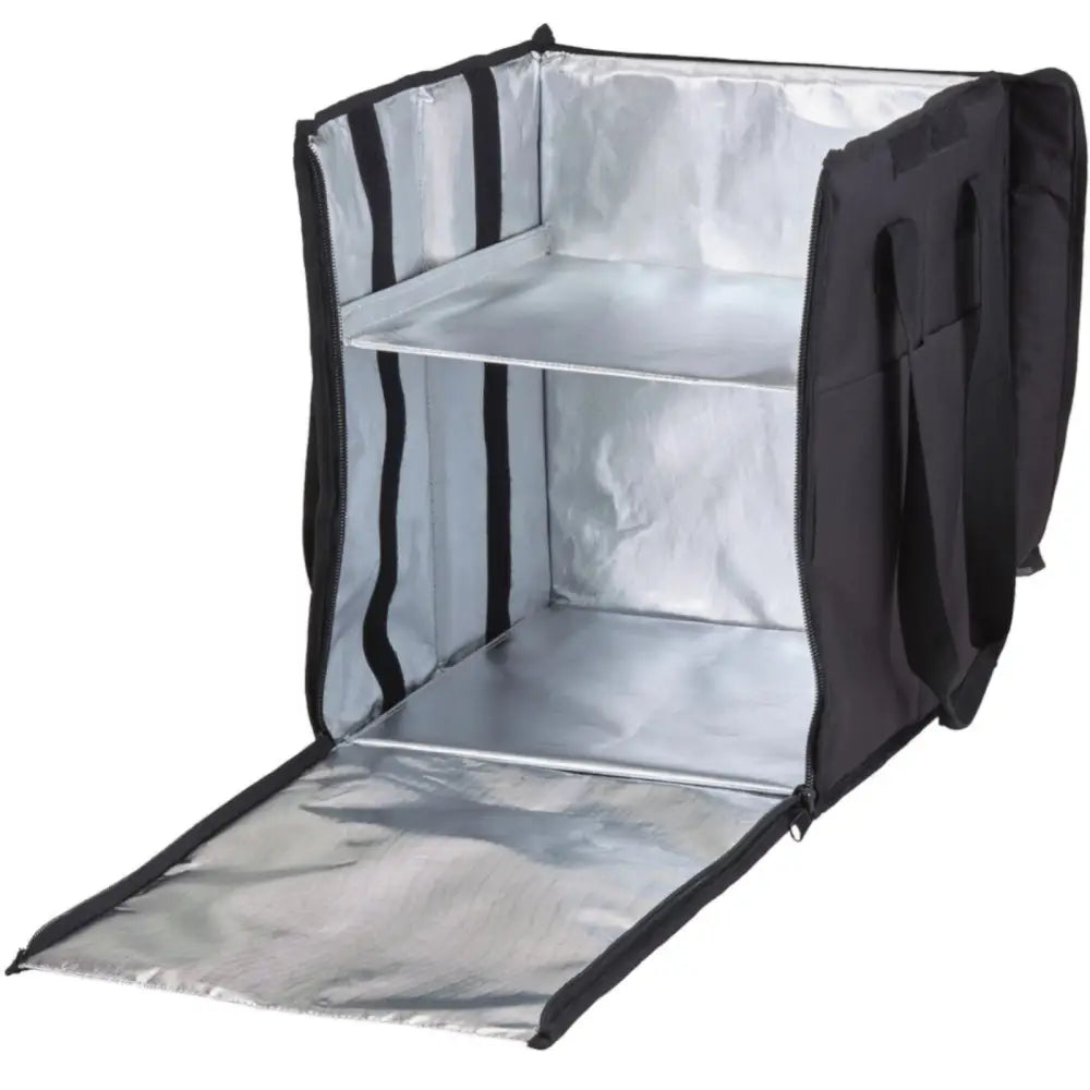 Termoisolert leveringsryggsekk, åpnet fra skrå vinkel, viser to rom med sølvfarget isolasjon og hylle.