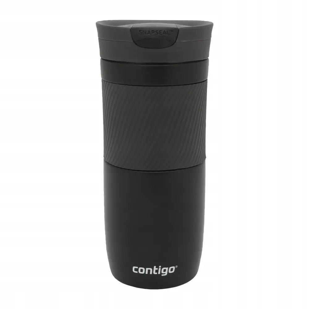 Termokopp Contigo Byron 470 ml, sort metall med riflet grep, SNAPSEAL-lokk og logo synlig nederst.