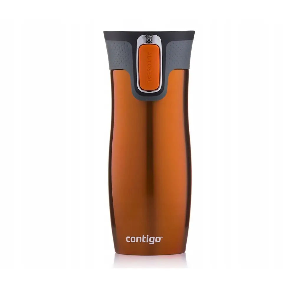Termokopp Contigo West Loop 20 i metallisk oransje med grått lokk og synlig oransje AUTOSEAL-knapp.