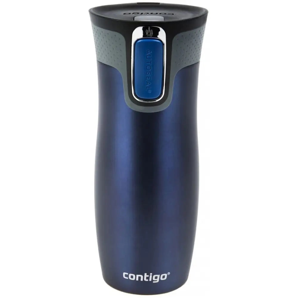 Termokopp Contigo West Loop Monaco i blått metall, frontvisning med sort og grått lokk og blå AUTOSEAL-knapp.