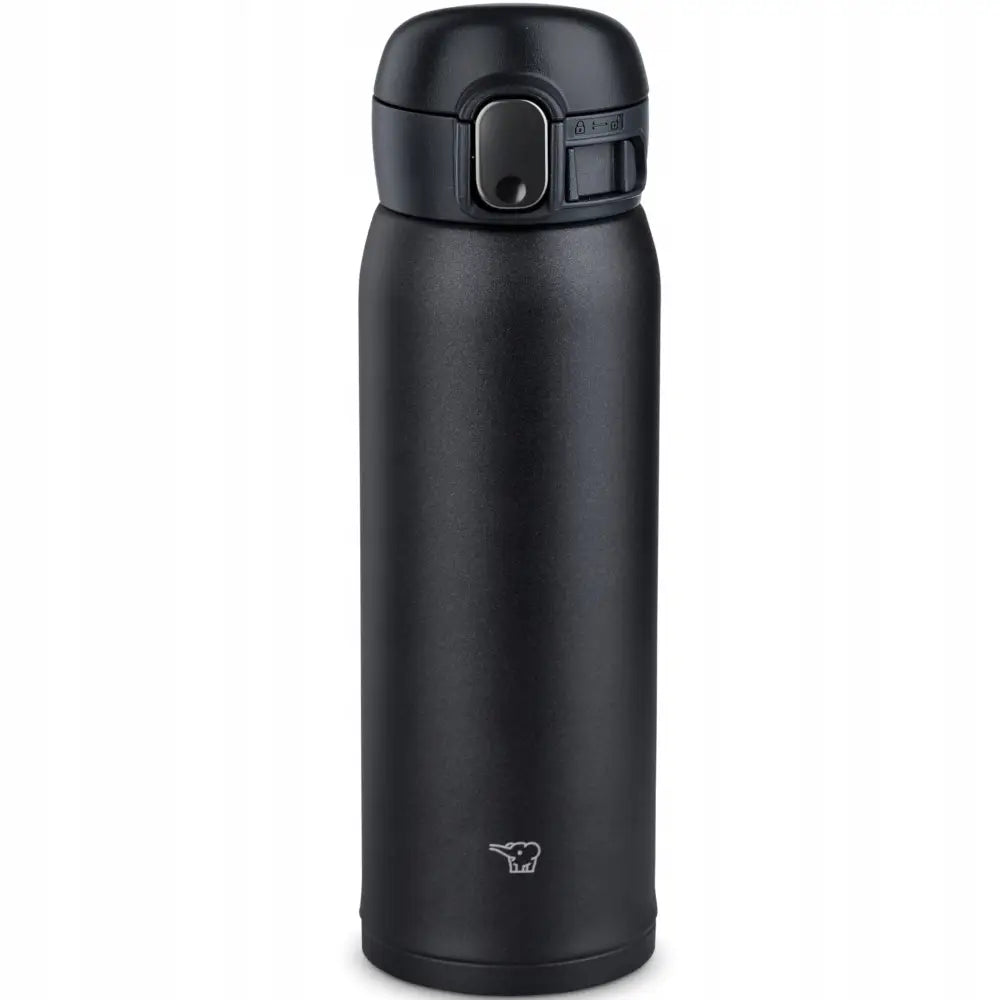 Sort Zojirushi termokopp 0,48L i rustfritt stål, frontvisning med trykklås og hvit logo nederst.