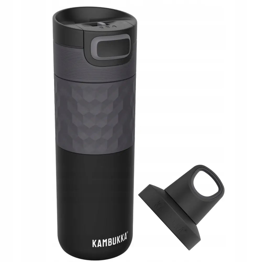 Termokopp Kambukka Etna 500ml, svart og mørk grå, med ekstra drikkelokk og teksturert grep.
