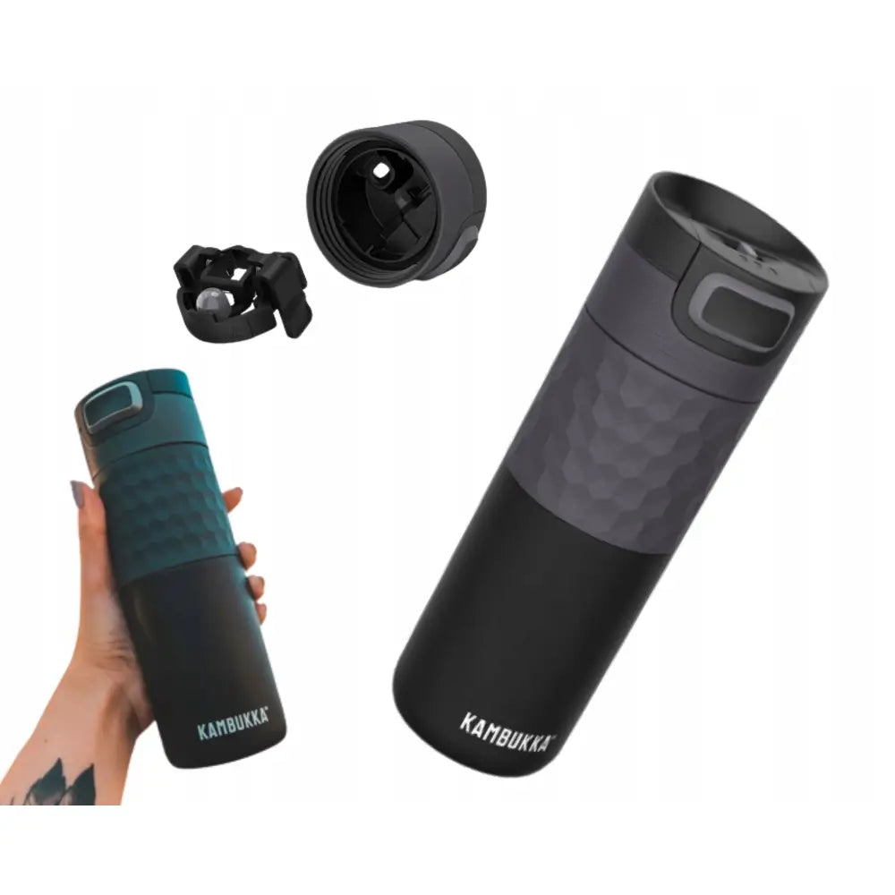 Termokopp Kambukka Etna Grip 500 ml i sort og mørk grå, vises med strukturert grep og avtakbart lokk.