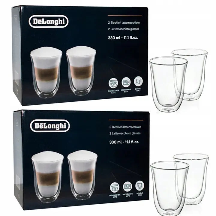 Termokopper DeLonghi, to esker med fire klare doble glasskopper på 330 ml, sidevisning mot hvit bakgrunn.