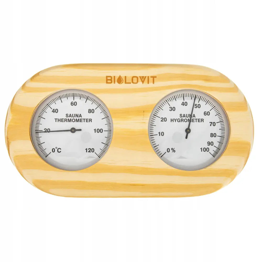 Termometer hygrometer i lyst furu med to runde måleskiver, frontvisning og synlig logo øverst.
