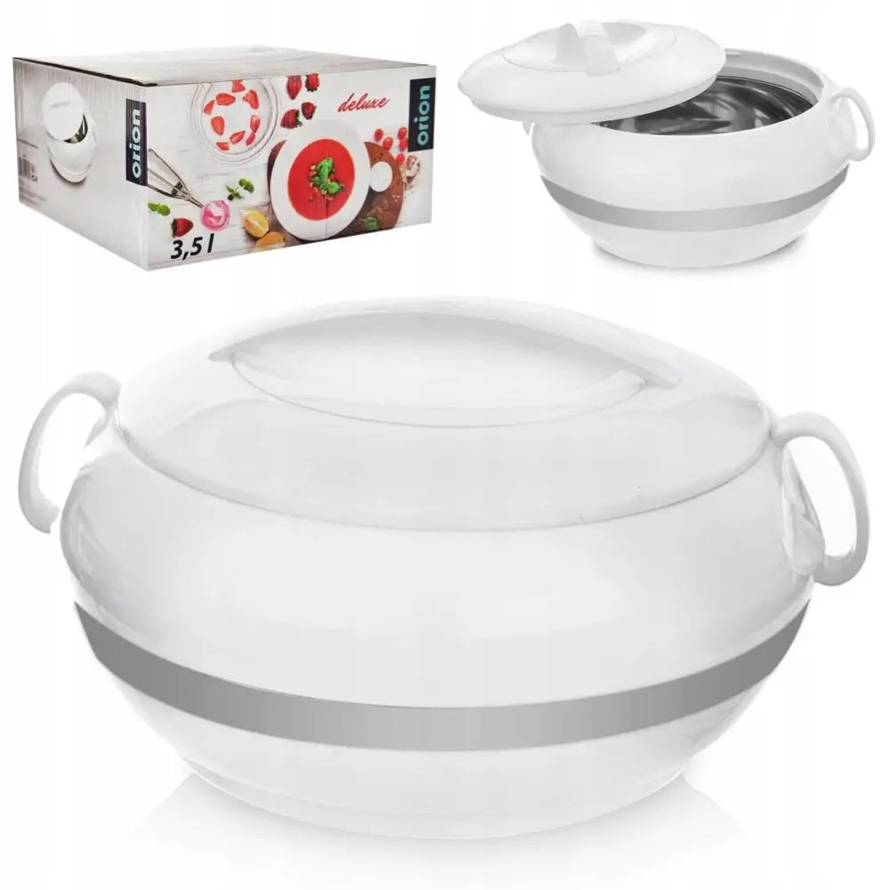 Termomisa termisk matbeholder 3,5L, hvit med lokk, to håndtak og sølvstripe, vist sammen med emballasje.