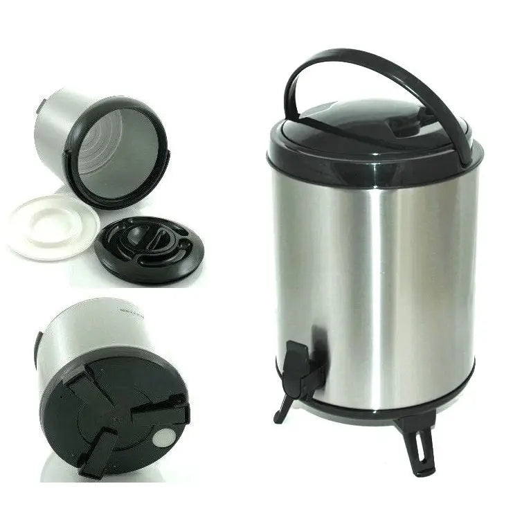 Termos 11 L for catering i rustfritt stål med sort lokk, bærehåndtak, tappekran og tre stabile ben.