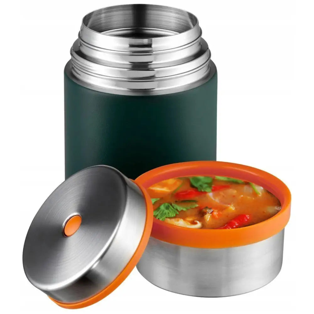 Termos Esbit Sculptor matkrukke 0,75 L i grønt stål, skrå forfra med åpent lokk og suppe synlig i innerbeholderen.