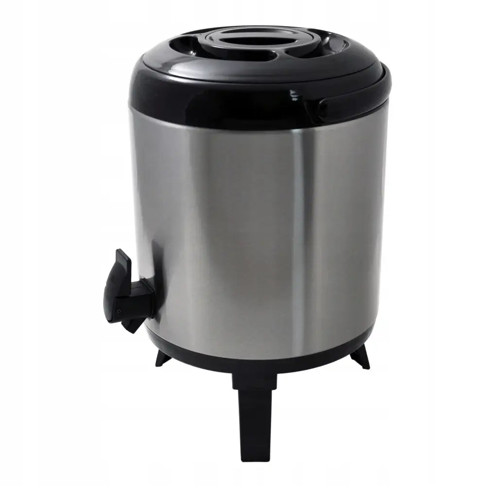 Termos for catering 7,5 liter i rustfritt stål, sidevisning med tappekran og svart lokk.