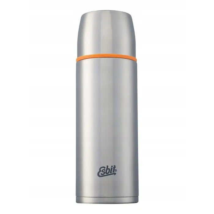 Termos for drikke Esbit Iso Vacuum Flask 1,0L, frontbilde med oransje ring og Esbit-logo på sølvfarget stål.