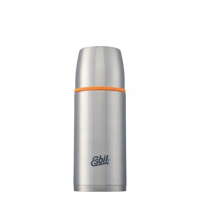 Esbit Iso Vacuum Flask termos 0,5L i rustfritt stål, sett forfra med oransje bånd og sort logo.