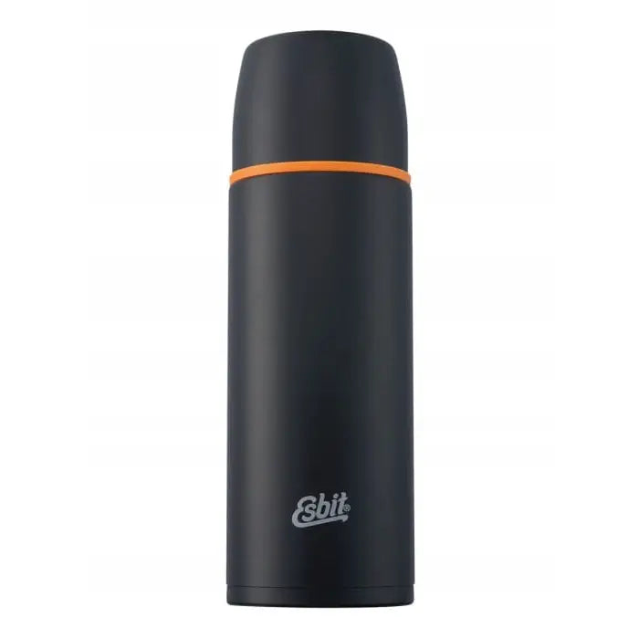 Svart Esbit termosflaske 1,0L, matt metall med oransje ring under lokket og hvit logo på fronten.