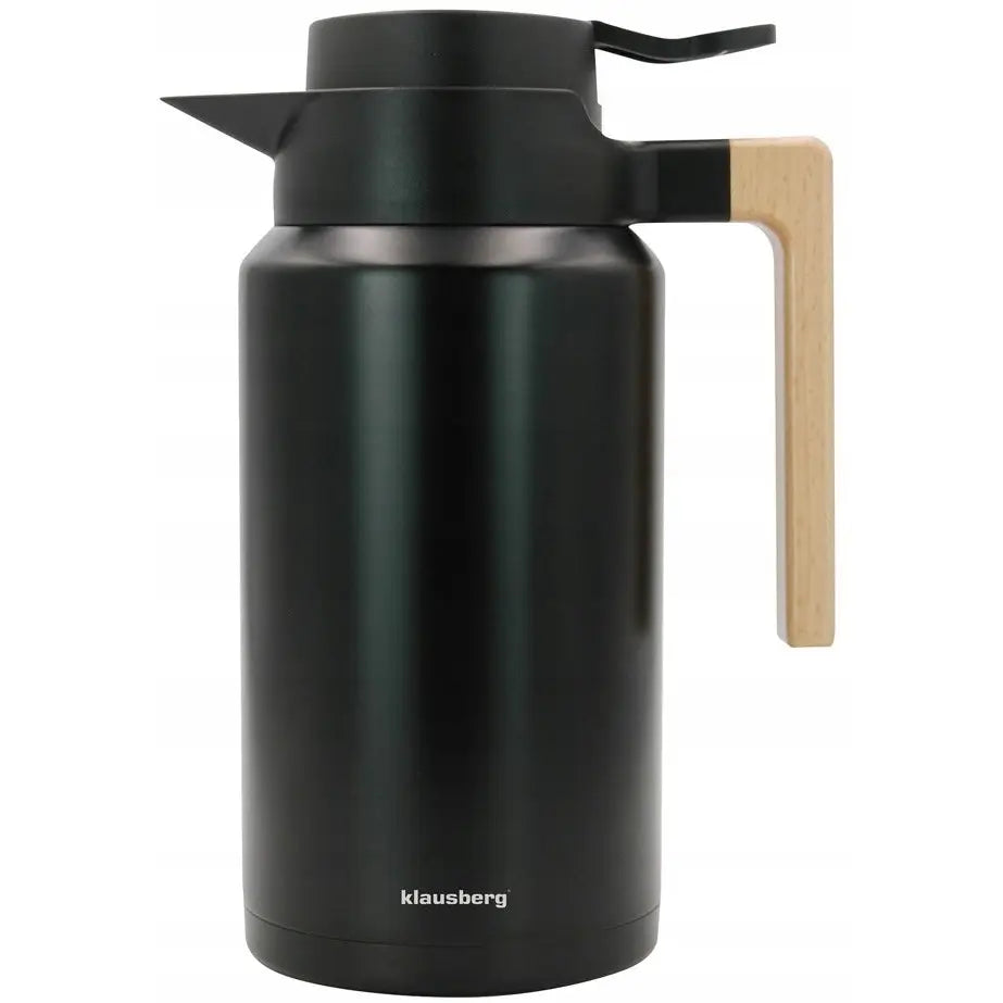 Termos for konferansedrikker 2L i svart stål, sidevisning med lyst trehåndtak og matt finish.