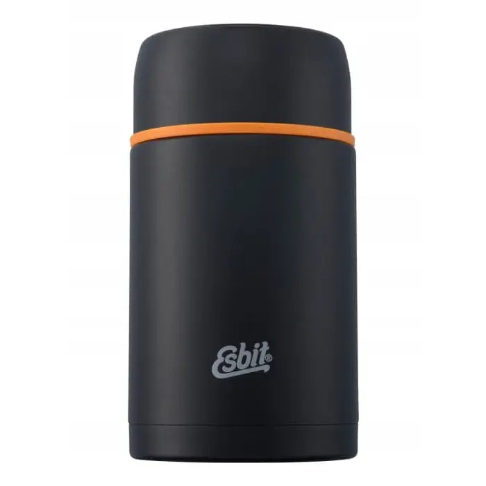 Esbit Food Jug termos 1,0 L i matt svart, frontvisning med oransje silikonring og synlig logo.