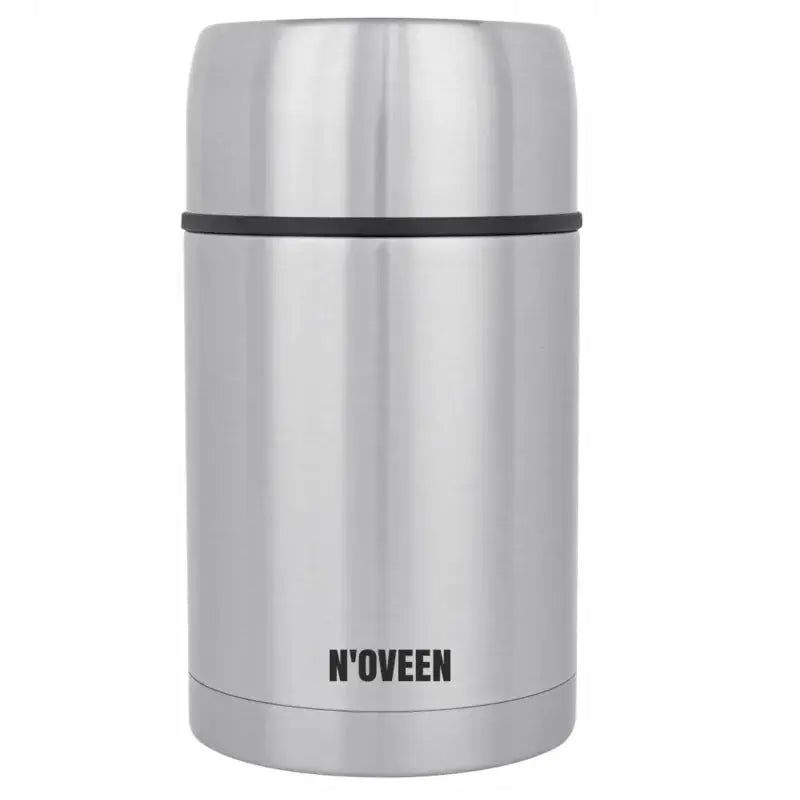 Termos for måltider Noveen 800 ml i sølvfarget, matt stål med sort ring og synlig logo, frontvisning.